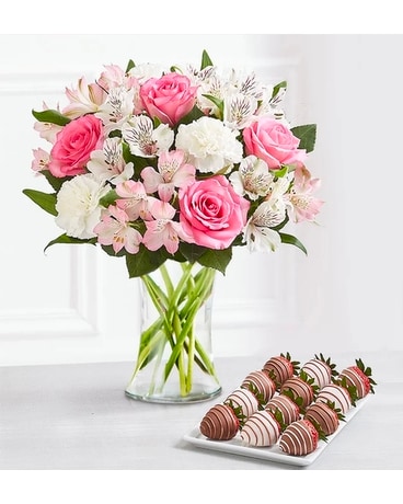 Cherished Blooms Bouquet & 12ct Drizzled Strawberr Flower Arrangement
